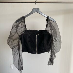 New Black Pilcro By Anthropologie Denim Top with Sheer Sleeves Sz Medium